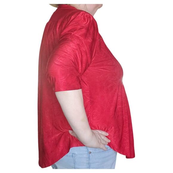 Shannon Ford New York Size 2X Popover Red Textured Top Holiday Office 3/4 Sleeve - Picture 2 of 7